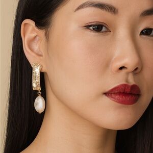 Contemporary Gold and Pearl Drop Earrings